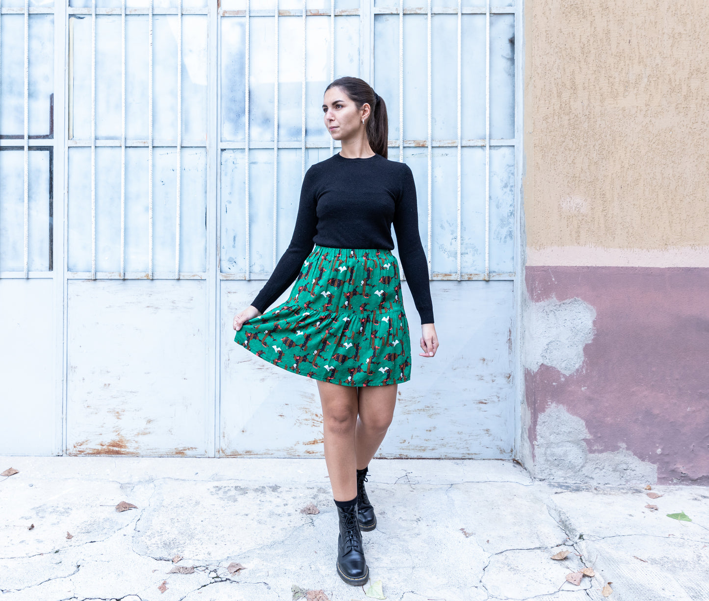 Gonna Diana - gonna in viscosa arricciata in vita con balza, stampa Night In The Woods