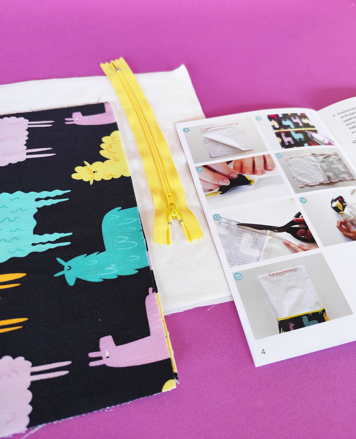 Kit cucito - pochette piatta, stampa Funky Llamas