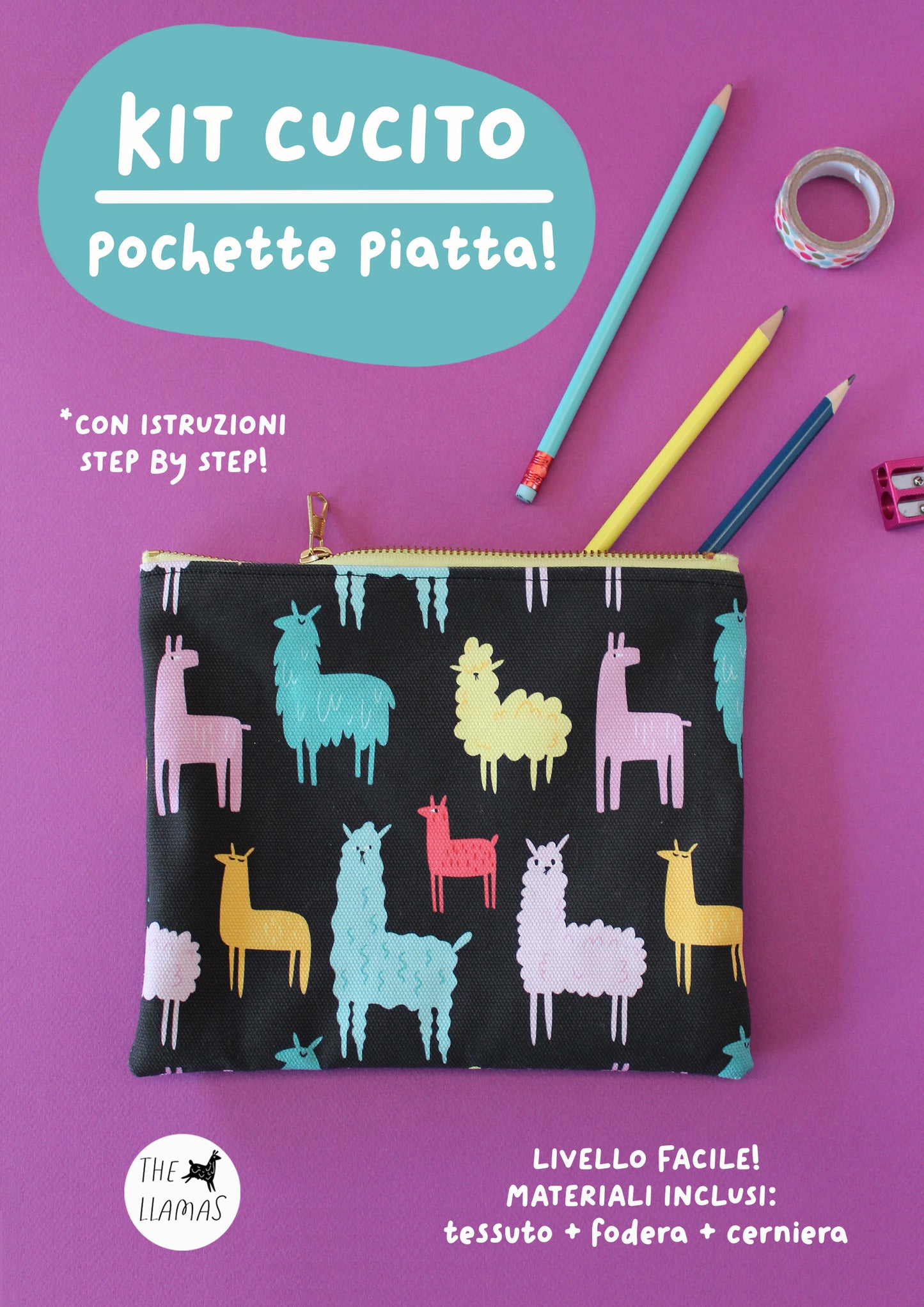 Kit cucito - pochette piatta, stampa Funky Llamas