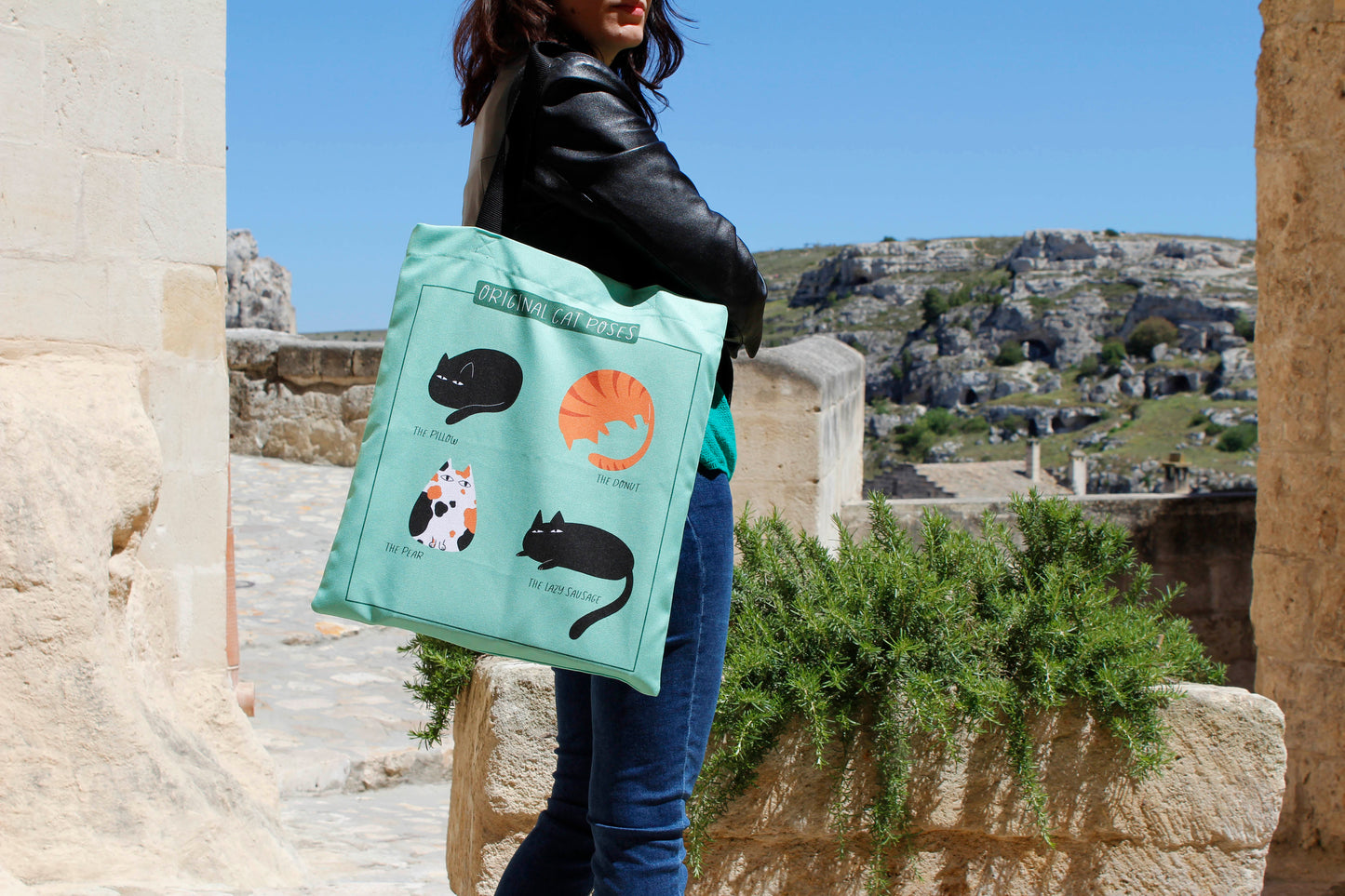 Tote bag in canvas di cotone stampato - Original Cat Poses, gatti illustrati nelle loro pose preferite