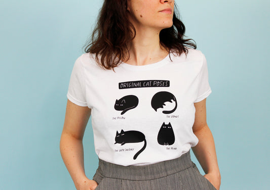 T-shirt bianca di cotone  - Original Cat Poses, gatti illustrati nelle loro pose preferite