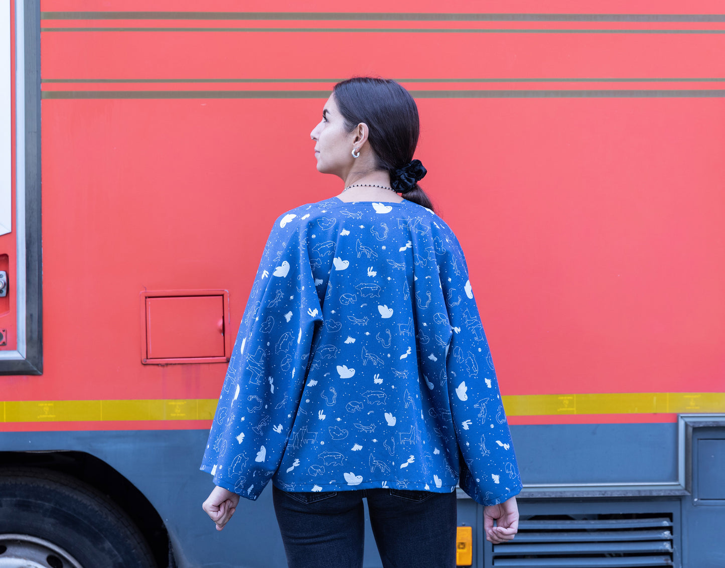 Kimono Jacket - Short Kimono in Blue Jacquard, Starry Night Pattern