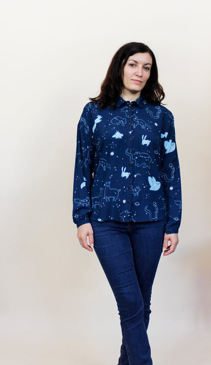 Laura Shirt - Long Sleeve Shirt with Collar, Starry Animals Print