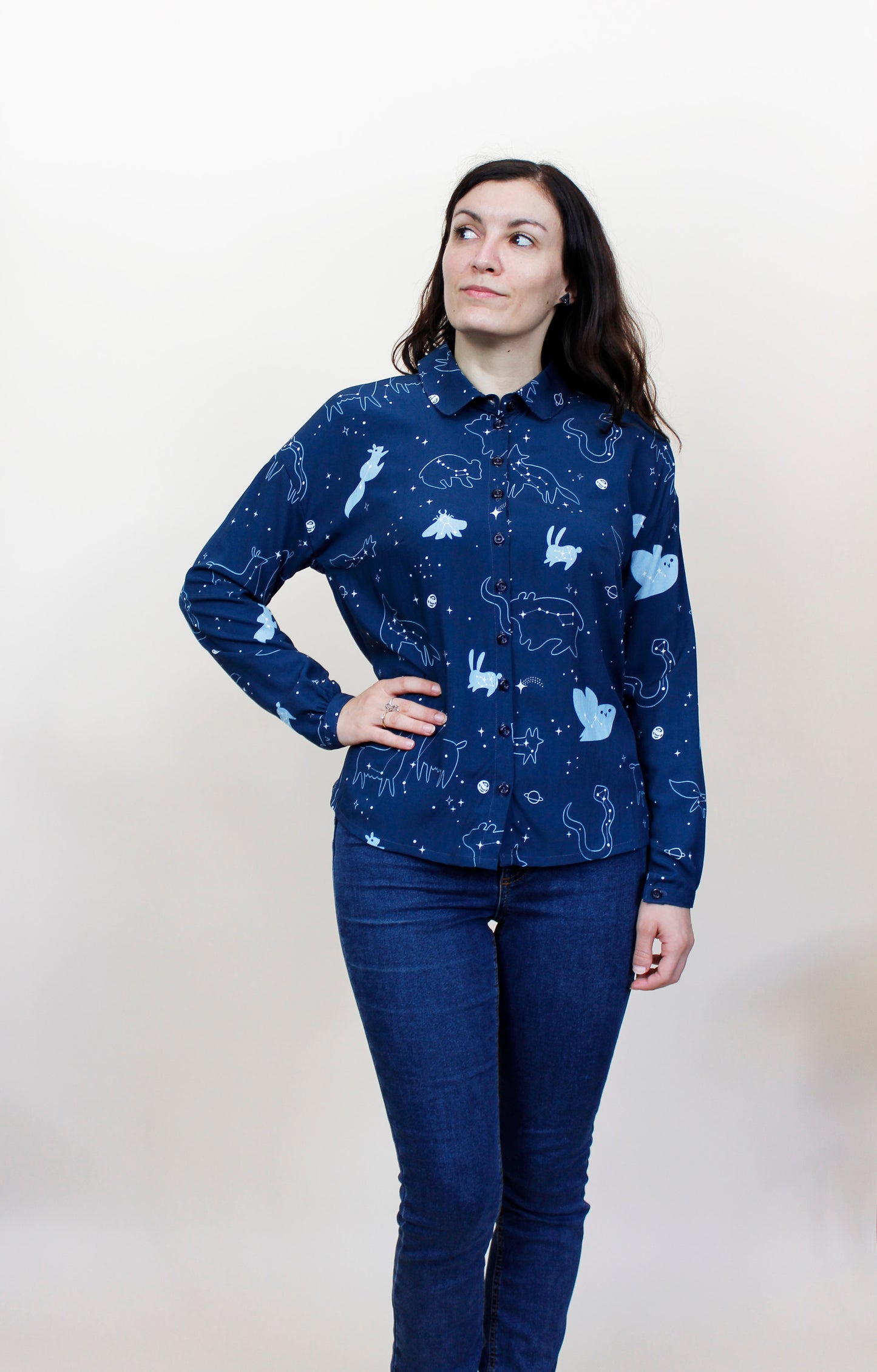 Laura Shirt - Long Sleeve Shirt with Collar, Starry Animals Print