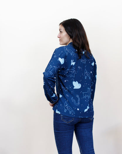 Laura Shirt - Long Sleeve Shirt with Collar, Starry Animals Print