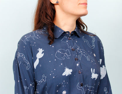 Laura Shirt - Long Sleeve Shirt with Collar, Starry Animals Print