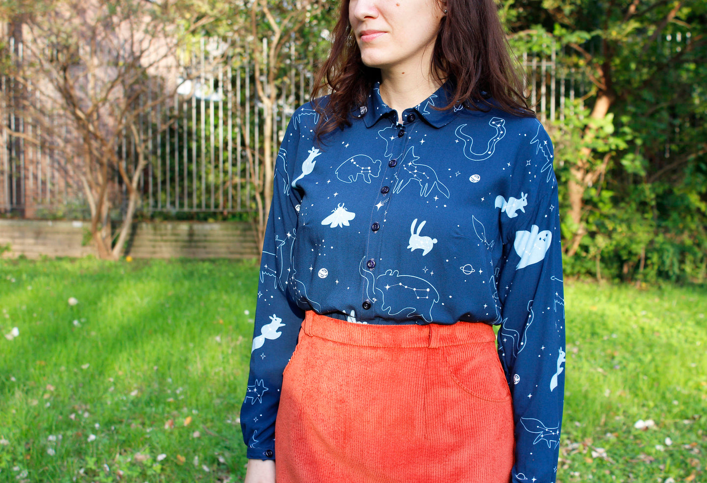 Laura Shirt - Long Sleeve Shirt with Collar, Starry Animals Print