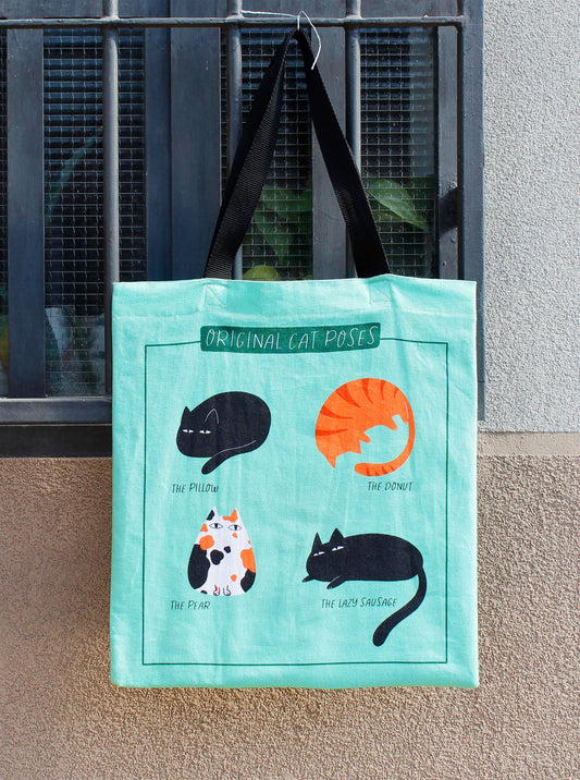 Tote bag in canvas di cotone stampato - Original Cat Poses, gatti illustrati nelle loro pose preferite