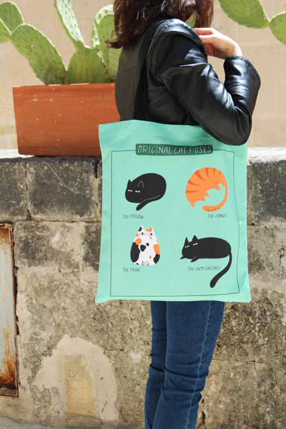 Tote bag in canvas di cotone stampato - Original Cat Poses, gatti illustrati nelle loro pose preferite