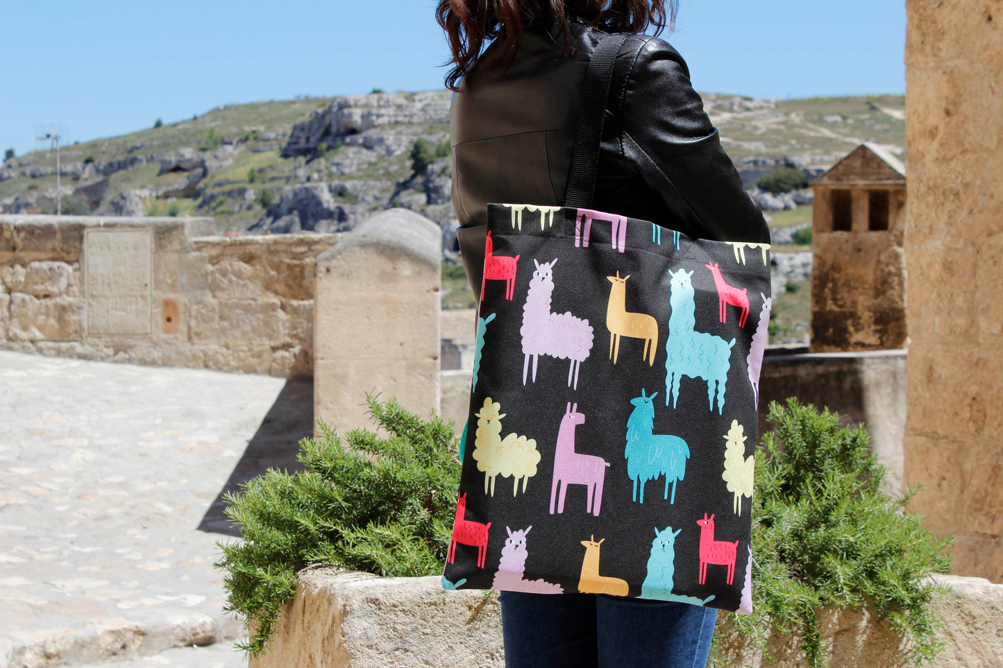 Tote bag in canvas di cotone stampato - Funky Llamas