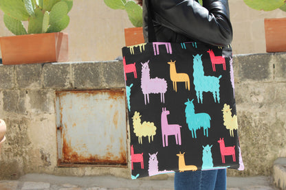 Tote bag in canvas di cotone stampato - Funky Llamas