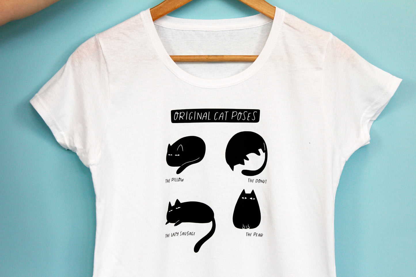 White Cotton T-Shirt - Original Cat Poses, illustrated cats in their favorite poses